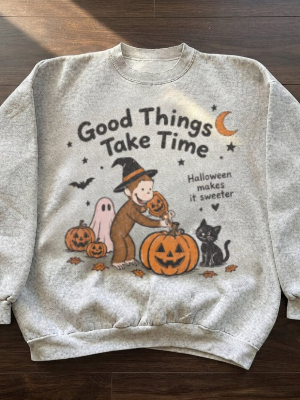 Gildan Curious George Halloween Grey Crewneck Sweatshirt Ashgrey